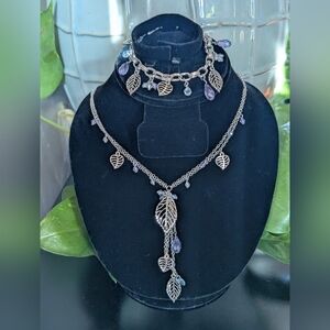 Cookie Lee Silver Blue Purple Leaf Necklace Set